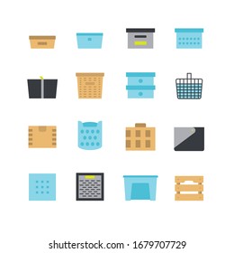 Household accessories and organizers for clothes, shoes and storage. Interior accessory containers, boxes and baskets. Icon color vector set.