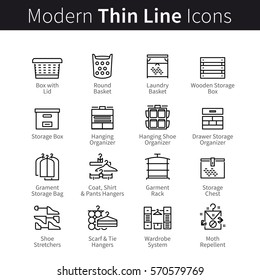 Household Accessories And Organizers For Clothes, Shoes And Storage. In House Storing Furniture Equipment. Thin Black Line Art Icons. Linear Style Illustrations Isolated On White.