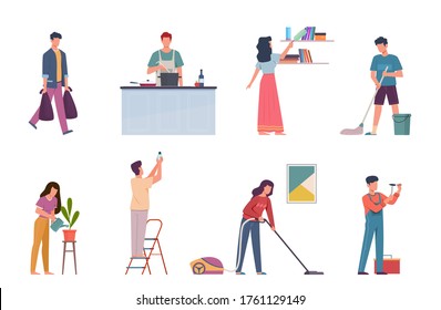 Household activities. Housekeeping chores, repair and cleaning home, people man or woman wash dishes and floor and vacuuming, cook vector cartoon isolated characters