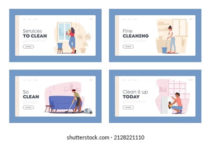 Household Activities Landing Page Template Set. Woman Mopping Floor, Cleaning Home Window, Ironing Clothes, Washing Dishes and Put Dirty Linen into Machine, Housekeeping. Cartoon Vector Illustration