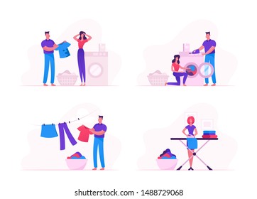 Household Activity Concept with Male and Female Characters Loading Dirty Clothes to Washing Machine, Ironing and Drying Linen. Loving Couple Homework Duties and Chores Cartoon Flat Vector Illustration