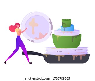 Household Activity, Domestic Chores and Hygiene Duties, Dishwashing Sanitary Process. Tiny Female Character Carry Huge Dirty Plate to Dishwasher, Girl Cleaning Kitchenware. Cartoon Vector Illustration