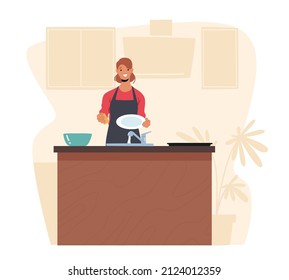 Household Activity, Domestic Chores and Hygiene Duties, Dishwashing Sanitary Process. Female Character Wash Dirty Plates on Kitchen Sink, Girl Cleaning Kitchenware. Cartoon Vector Illustration