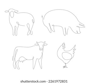 Household animals one line vector. Pets linear. Pig and chicken line art.