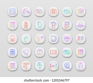 Household appliance app icons set. Home and kitchen electronics. Refrigerator, vacuum cleaner, washing machine, mixer, dishwasher, oven, stove. UI/UX user interface. Vector isolated illustrations