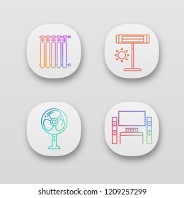 Household appliance app icons set. Radiators, infrared heater, stand floor fan, home theater system with TV. UI/UX user interface. Web or mobile applications. Vector isolated illustrations