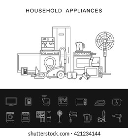 Household appliance banner with vector line icons microwave, coffee machine, washing machine, etc.

