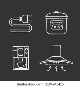 Household appliance chalk icons set. Electric plug, multicooker, coffee machine, range hood. Isolated vector chalkboard illustrations