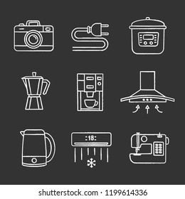 Household appliance chalk icons set. Photo camera, wire plug, multi cooker, coffee maker, range hood, kettle, coffee machine, air conditioner, sewing machine. Isolated vector chalkboard illustrations