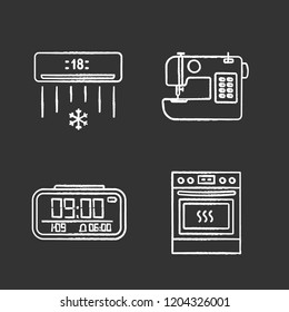Household appliance chalk icons set. Air conditioner, sewing machine, digital clock, kitchen stove. Isolated vector chalkboard illustrations