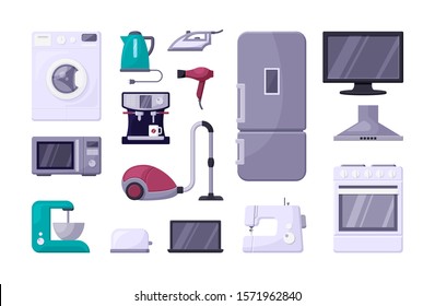 Household appliance color flat vector illustrations set. Home electric devices, kitchenware. Stove, tv, microwave oven. Domestic equipment. House electronics isolated cartoon icons on white background