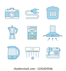 Household appliance color icons set. Photo camera, wire plug, multi cooker, coffee maker, range hood, electric kettle, coffee machine, air conditioner, sewing machine. Isolated vector illustrations