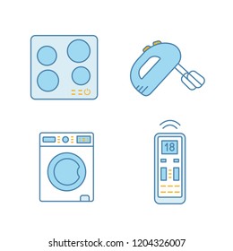 Household appliance color icons set. Electric induction hob, handheld mixer, washing machine, air conditioner remote control. Isolated vector illustrations