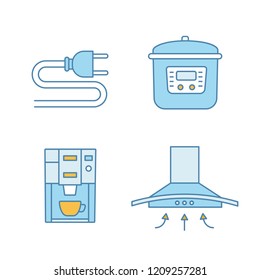 Household appliance color icons set. Electric plug, multicooker, coffee machine, range hood. Isolated vector illustrations