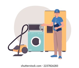 Ilustración aislada del vector 2D consultor de electrodomésticos. Gran almacén de equipamiento. Personaje plano masculino sobre el fondo de la caricatura. Colorida escena editable para móvil, sitio web, presentación
