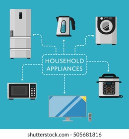 Household appliance. Electronics technique for home and kitchen equipment vector illustration. TV-set, refrigerator, washing machine, microwave oven, kettle, multicooker. Household appliance item
