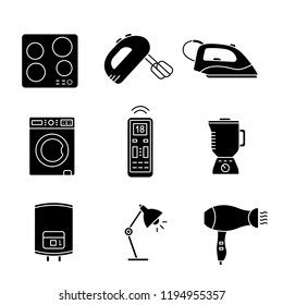 Household appliance glyph icons. Cooktop, handheld mixer, steam iron, washing machine, remote control, blender, water heater, table lamp, hair dryer. Silhouette symbols. Vector isolated illustration