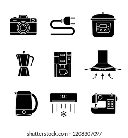 Household appliance glyph icons. Photo camera, wire plug, multi cooker, coffee maker, electric kettle, coffee machine, air conditioner, sewing machine. Silhouette symbols. Vector isolated illu