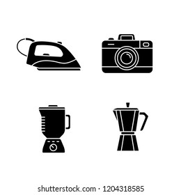 Household appliance glyph icons set. Steam iron, photo camera, blender, stove top coffee maker. Silhouette symbols. Vector isolated illustration