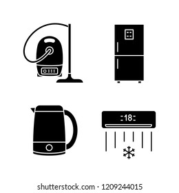 Household appliance glyph icons set. Vacuum cleaner, fridge, electric kettle, air conditioner. Silhouette symbols. Vector isolated illustration
