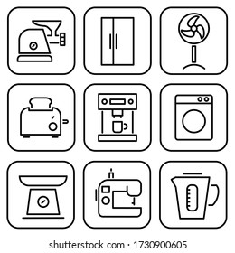 Household appliance, Home Equipment set icons. Set of Meat grinder, Refrigerator, Fan, Toaster, Express Coffee, Washing Machine, Scales, Sewing Machine, Kettle, Carafe. Electrical Equipment icons