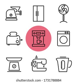 Household appliance, Home Equipment set icons. Set of Meat grinder, Refrigerator, Fan, Toaster, Express Coffee, Washing Machine, Scales, Sewing Machine, Kettle, Carafe. Electrical Equipment icons