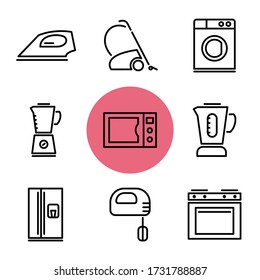 Household appliance, Home Equipment set icons. Set of Iron, Vacuum Cleaner, Washing Machine, Coffee Maker, Oven, Microwave, Kettle, Refrigerator, Mixer, Blender, Gas Stove. Electrical Equipment icons