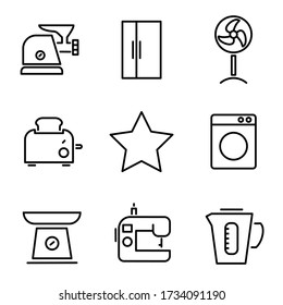 Household appliance, Home Equipment set icons. Set of Meat grinder, Refrigerator, Fan, Toaster, Express Coffee, Washing Machine, Scales, Sewing Machine, Kettle, Carafe. Electrical Equipment icons