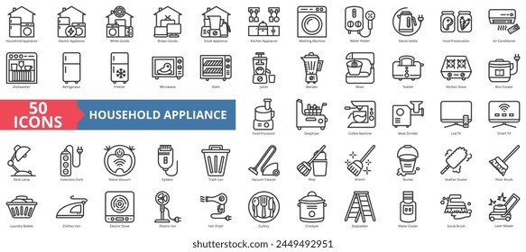 Conjunto de colección de iconos de electrodomésticos. Contiene electrodomésticos, electrodomésticos, marrón, Pequeño, cocina, lavadora, calentador de agua icono. Vector de línea simple.