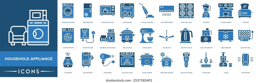 Ícone do eletrodoméstico. Máquina de lavar roupa, Frigorífico, Forno de micro-ondas, Lava-louças e Aspirador