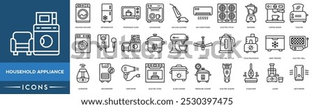 Household Appliance icon. Washing Machine, Refrigerator, Microwave Oven, Dishwasher and Vacuum Cleaner