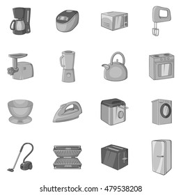 Household appliance icons set in black monochrome style. Consumer electronics set collection vector illustration
