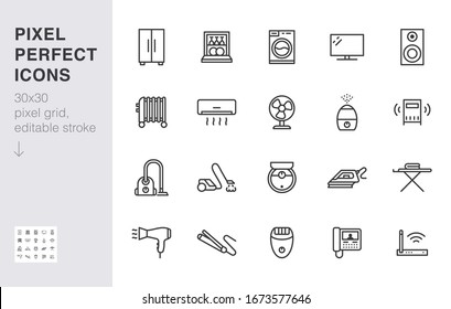 Household appliance line icon set. Washing machine, humidifier robot vacuum cleaner, curling iron minimal vector illustration. Simple outline signs for electronics. 30x30 Pixel Perfect Editable Stroke