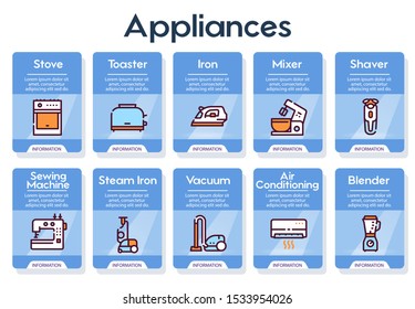 Household appliance linear icons set. Home and kitchen electronic devices outline illustrations pack. Dishwasher, vacuum cleaner, oven. Domestic technology, equipment isolated symbols