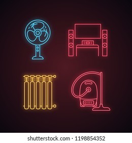 Household Appliance Neon Light Icons Set. Radiator, Vacuum Cleaner, Floor Fan, Home Theater With TV. Glowing Signs. Vector Isolated Illustrations