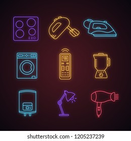 Household appliance neon light icons set. Cooktop, mixer, steam iron, washing machine, remote control, blender, water heater, lamp, hair dryer. Glowing vector isolated illustrations