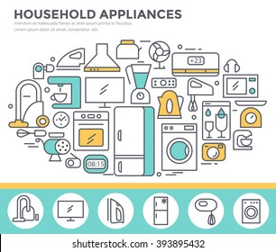 Household appliance shop concept illustration, thin line flat design