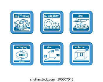 Household appliance symbols. Vector icons for electric equipment in blue gamma