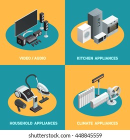 Household appliances 4 isometric icons square poster with video audio apparatus and air conditioners isolated vector illustration 