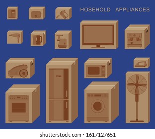 Household appliances in boxes. Cardboard boxes with appliances