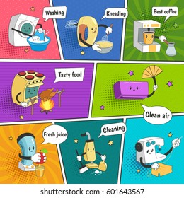 Household appliances bright colorful comic page with funny icons showing home electrical equipment as cartoon characters flat vector illustration 