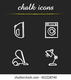 Household appliances chalk icons set. Iron, washing machine, vacuum cleaner, desk lamp. Isolated vector chalkboard illustrations
