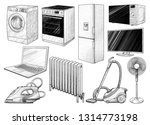 Household appliances collection illustration, drawing, engraving, ink, line art, vector