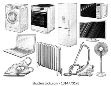 Household appliances collection illustration, drawing, engraving, ink, line art, vector