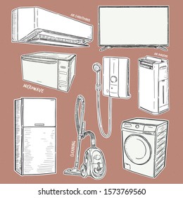 Household appliances collection illustration, drawing, engraving, ink, line art, vector