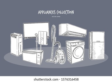 Household appliances collection illustration, drawing, engraving, ink, line art, vector