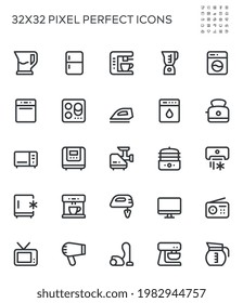 Household Appliances, Domestic Electric Appliance. Coffee Machine, Meat Grinder, Fridge. Simple Interface Icons For Web And Mobile Apps. Editable Stroke. 32x32 Pixel Perfect.