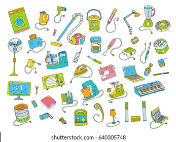 Household appliances doodle colored hand drawn big icons set. Vector illustration isolated from white background. Collection of equipment. Cartoon doodling style drawing. Symbols of electronic objects