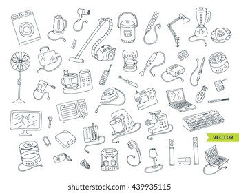 Household appliances doodle hand drawn big icons set. Vector line illustration isolated from white background. Collection of equipment. Cartoon doodling style drawing. Symbols of electronic objects.