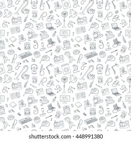 Household appliances doodle hand drawn seamless pattern. Vector line illustration isolated from white background. Collection of equipment. Cartoon doodling style drawing.